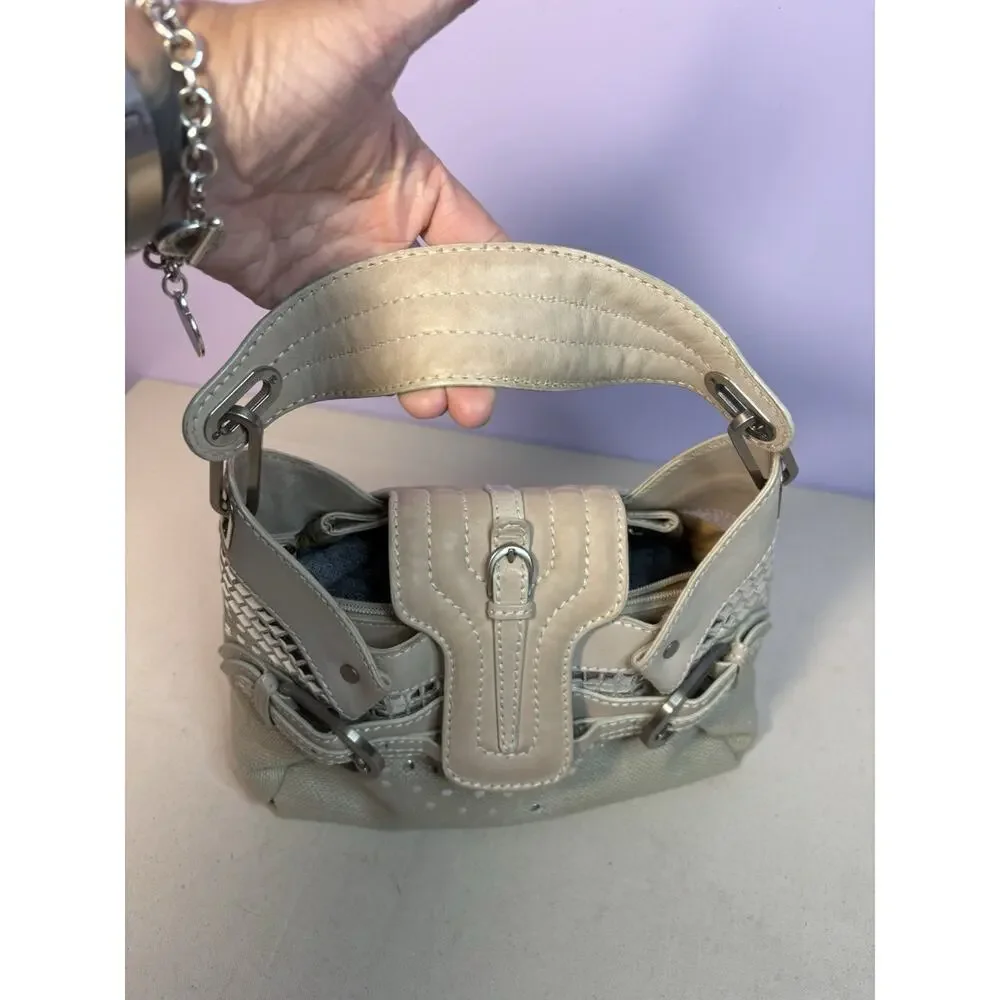 Jimmy Choo Buckle Studded Tulita Hobo Shoulder Bag Tan Canvas - Picture 10 of 16